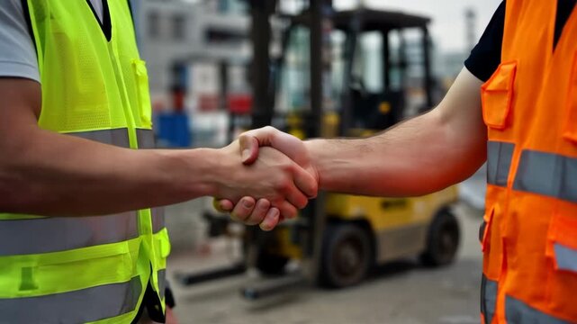 Close up of two industrial workers in safety vests shaking hands at construction site or warehouse