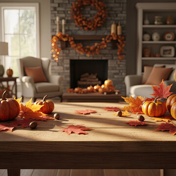 Cozy autumn living room with pumpkins and fall leaves on table