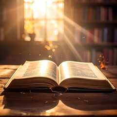 Obraz premium A serene library scene with an open book on a wooden table