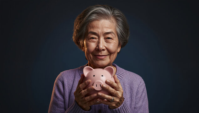 夕方の柔らかな光の中で貯金箱を抱く高齢の日本人女性のライフスタイル