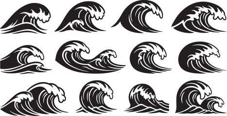 Fototapeta premium Collection of black and white ocean wave graphics icons