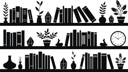 Black Silhouette Bookshelves Filled with Books Plants and Decorations bookshelf white © It's Sahed