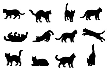 Vector illustration. Silhouettes of black cats. Set of animal stickers. Large set.	