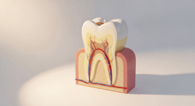 Detailed anatomical cross section of a healthy human molar tooth structure with nerves and vessels