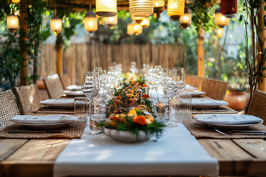 Elegant outdoor dining setup with rustic wooden table and hanging lanterns for a festive gathering event