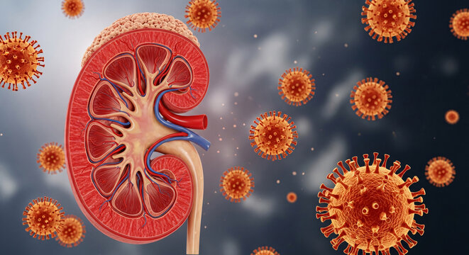 Detailed anatomical cross section of a human kidney with surrounding viral pathogen cells, showing renal infection