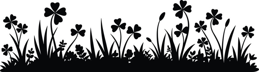 Black Silhouette Of Clover And Grass Border On White Background shamrock © It's Sahed