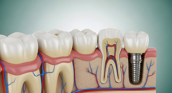 Detailed anatomical cross section of human jaw bone with teeth and a dental implant