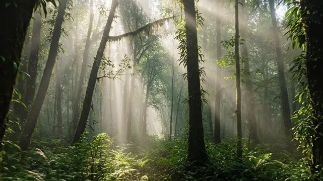 Sunlight Filtering Through Dense Forest Trees.