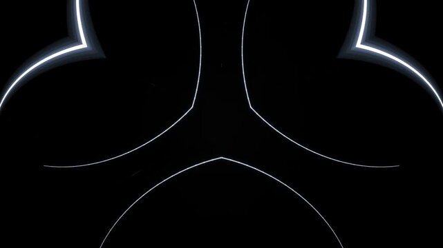 Close-up of neon-lit abstract design on a black background with glowing white lines.