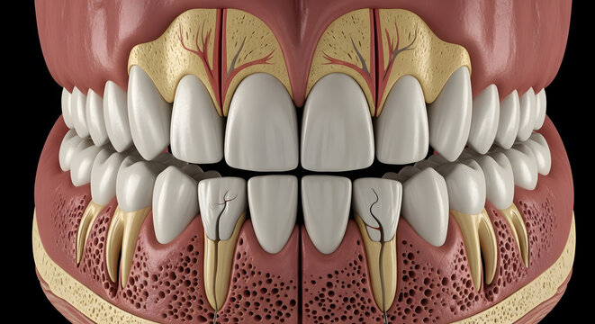 Detailed anatomical cross section of human teeth and gums revealing bone structure, roots, nerves, and cracks