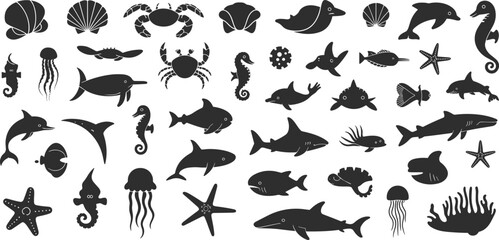 Marine Life Silhouette Vector Collection with Fish, Sharks, Dolphins, Seahorses, Jellyfish and Ocean Animals Icon Set © Ideasy Mind