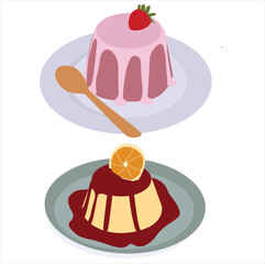 strawberry and caramel pudding.Pudding dessert icons, layered jelly with cream, strawberry topping bowls, 
