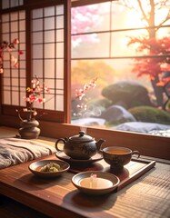 A serene Japanese-style room with a tea set on a tray