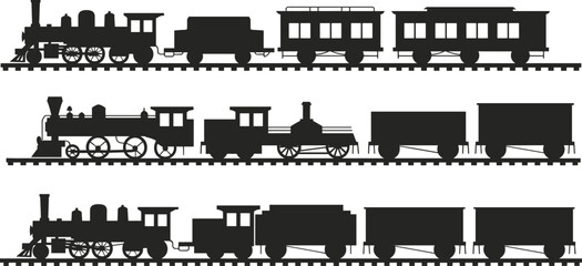 Vintage Steam Train Silhouette Collection with Locomotive, Passenger and Freight Cars Isolated in Black and White Vector Set © Ideasy Mind