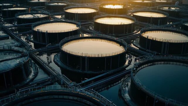 Industrial oil storage tanks reflecting the warm glow of a sunset, highlighting fossil fuel infrastructure and global energy reliance within an expansive refinery landscape