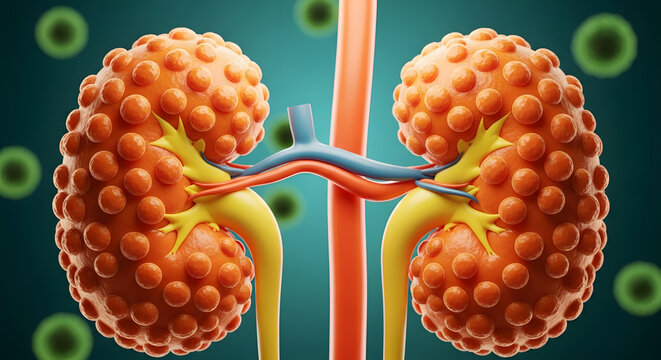 Detailed anatomical illustration of human kidneys with visible disease texture, surrounded by microscopic pathogen elements