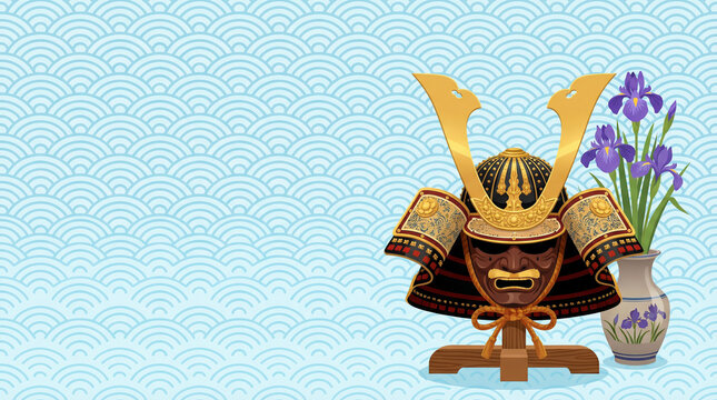 Samurai Helmet Kabuto and Iris Flower Illustration.