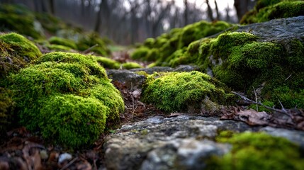 Bright green moss covering rough forest stones, macro close up of rich moss texture, natural outdoor nature wallpaper background