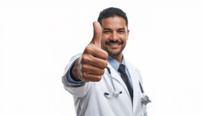 中南米系の男性50代医師が動きのあるサムズアップを前に突き出す勢いのある表現