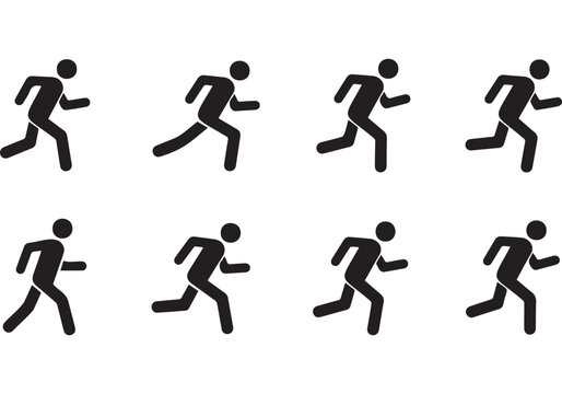 Running man animation sprite sheet vector icon collection. Includes eight distinct frames of a person running, depicting various stages of motion. Created in a flat silhouette style with a black