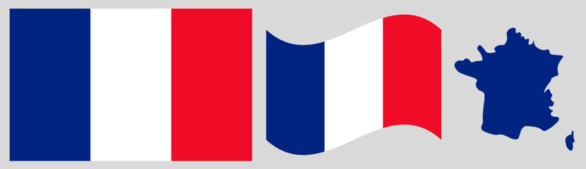 Naklejka premium France National Flag and Map. Official French Republic Emblem Known as the Tricolore Featuring Three Vertical Stripes of Blue, White, and Red with Geographical Country Map Silhouette.