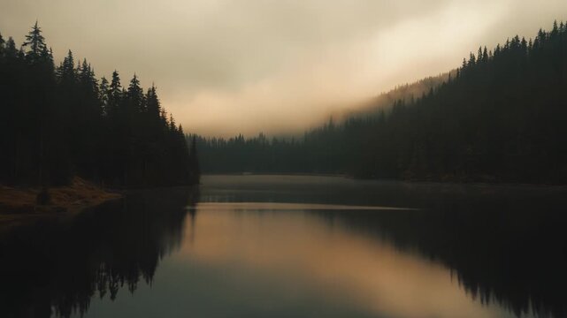 Serene twilight lake perfectly reflecting dense conifer forest and misty sky, creating a tranquil, symmetrical wilderness scene of calm water and quiet atmosphere