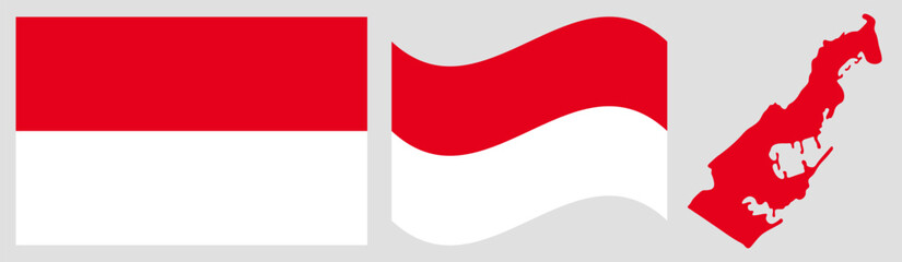 Naklejka premium Monaco National Flag and Map: Official Principality of Monaco Emblem Featuring Two Horizontal Stripes of Red and White with Geographical Country Map Silhouette.