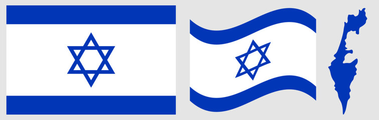 Israel National Flag and Map. Official State Emblem Featuring Two Blue Horizontal Stripes on a White Field with a Central Blue Star of David and Geographical Country Map Silhouette.