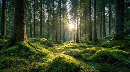 Obraz premium Sunlit green forest with moss covered ground, bright sunlight rays through tall trees, lush woodland outdoors nature background