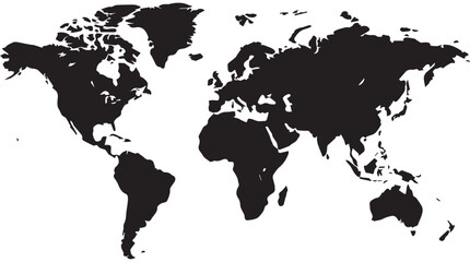 Monochromatic world map vector illustration showing continents and landmasses in solid black, isolated on a white background for global themes and geographical representations. © Shanza