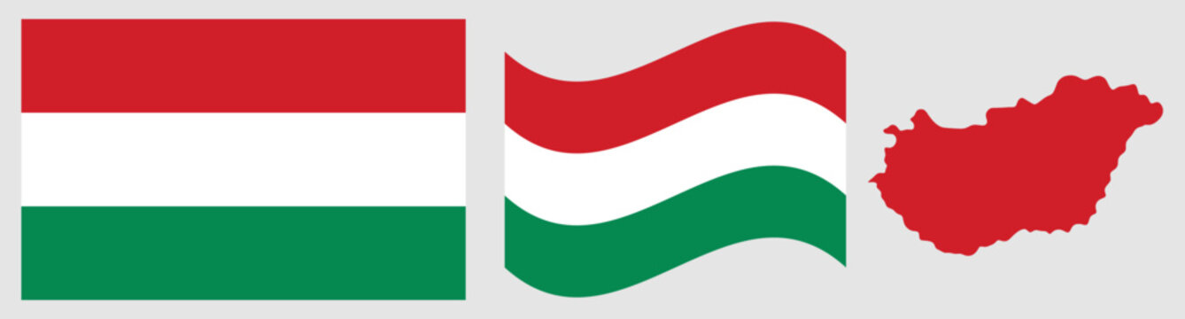 Hungary National Flag and Map. Official State Emblem Featuring Three Horizontal Stripes of Red, White, and Green with Geographical Country Map Silhouette.