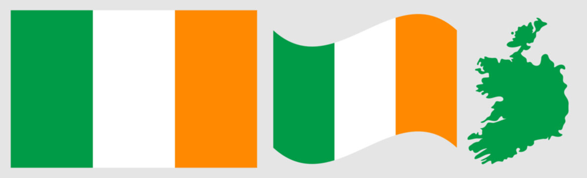 Ireland National Flag and Map. Official Republic of Ireland Emblem Featuring Three Vertical Stripes of Green, White, and Orange with Geographical Country Map Silhouette.