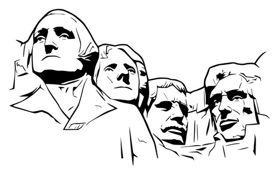 black graphic illustration of Mount Rushmore National Memorial. four iconic American presidents. George Washington, Thomas Jefferson, Theodore Roosevelt, and Abraham Lincoln, carved into the mountain