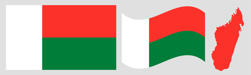 Madagascar National Flag and Map: Official Republic of Madagascar Emblem Featuring a Vertical White Band and Two Horizontal Bands of Red and Green with Geographical Island Map Silhouette.