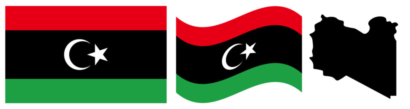 Libya National Flag and Map. Official State Emblem Featuring Three Horizontal Stripes of Red, Black, and Green with a White Crescent and Star on the Central Black Band and Geographical Country Map Sil