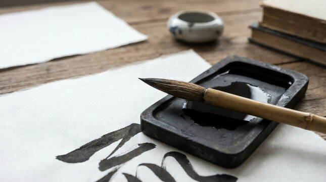 Traditional Japanese Calligraphy Brush and Inkstone Close Up.