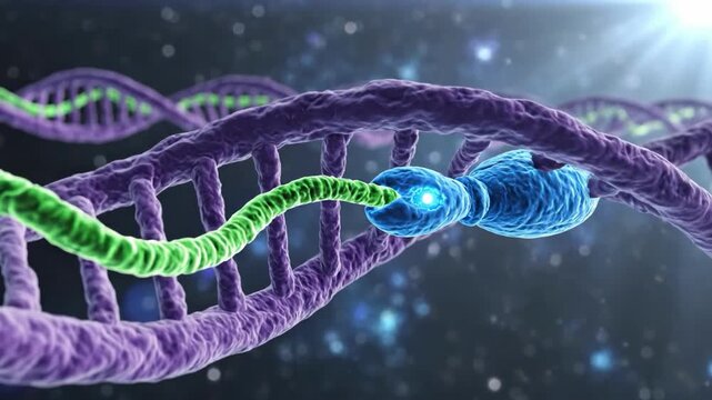 DNA strand with blue enzyme and green RNA against dark background