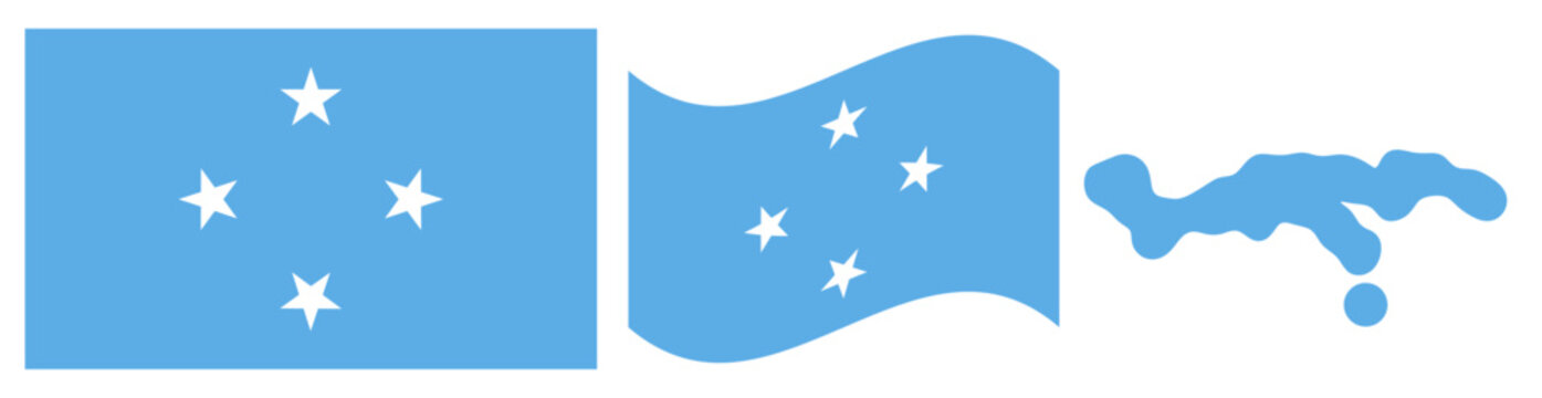 Federated States of Micronesia National Flag and Map: Official State Emblem Featuring a Light Blue Field with Four White Five-pointed Stars Arranged in a Diamond Pattern and Geographical Island Chain 