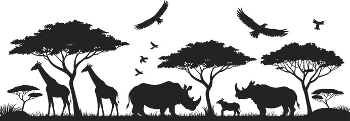 African Safari Wildlife Silhouette Vector Scene with Giraffes, Rhinoceros, Trees and Birds in Savanna Landscape Illustration © Heyyy