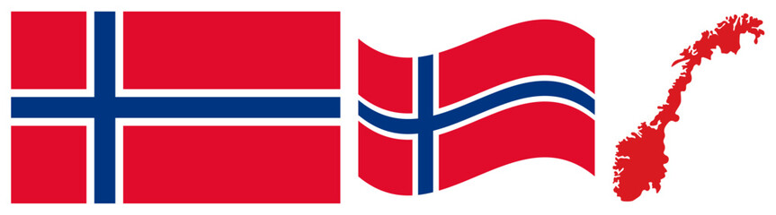 Obraz premium Norway National Flag and Map. Official Kingdom of Norway Emblem Featuring a Red Field with a Blue Nordic Cross Outlined in White and Geographical Country Map Silhouette.