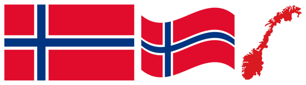 Norway National Flag and Map. Official Kingdom of Norway Emblem Featuring a Red Field with a Blue Nordic Cross Outlined in White and Geographical Country Map Silhouette.