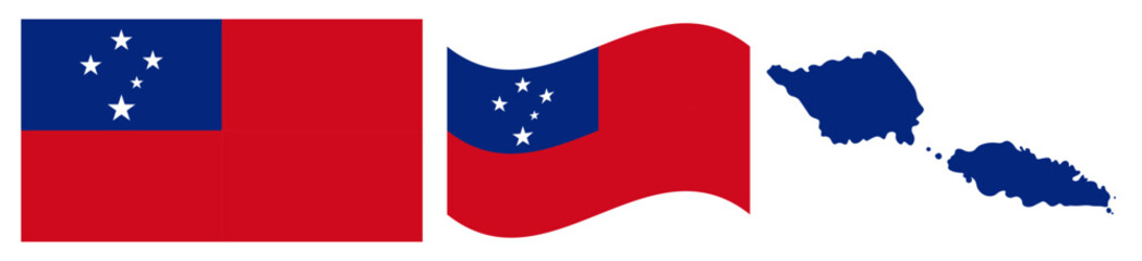 Naklejka premium Samoa National Flag and Map. Official Independent State of Samoa Emblem Featuring a Red Field with a Blue Canton Containing Five White Stars of the Southern Cross and Geographical Island Map Silhouett
