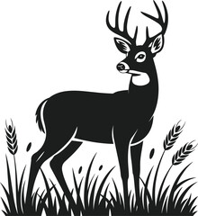 Black and White Deer Silhouette Vector Illustration with Antlers Standing in Grass, Wildlife Nature Animal Graphic Design Element