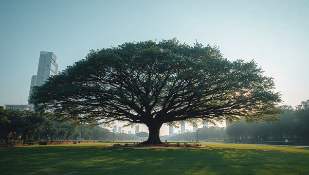 都市ボタニカルガーデンに広がる巨大樹冠、緑地の開放感を伝える風景
