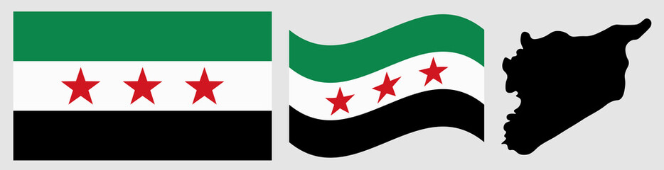Syria National Flag and Map. Official Syrian State Emblem Featuring Three Horizontal Stripes of Green, White, and Black with Three Red Stars and Geographical Country Shape Silhouette Graphic.