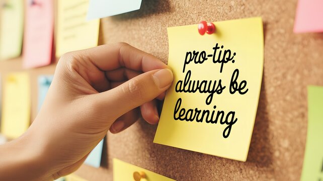 Hand holding sticky note with pro-tip to always be learning