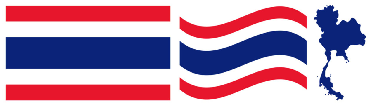 Thailand National Flag and Map. Official Kingdom of Thailand Emblem Featuring Five Horizontal Stripes in Red, White, and Blue Trairanga with Geographical Country Shape Silhouette Graphic.