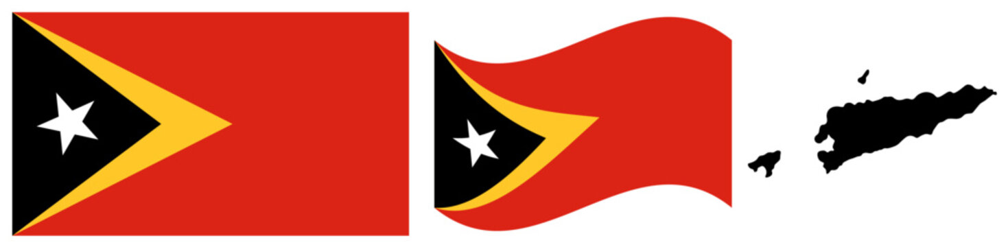 Timor Leste National Flag and Map. Official Democratic Republic of Timor-Leste Emblem Featuring a Red Field with a Yellow Triangle and a Black Triangle with a White Star and Map Silhouette.