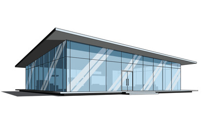 Fototapeta premium Perspective view of a modern commercial building with glass walls and a flat roof for architectural design concepts.